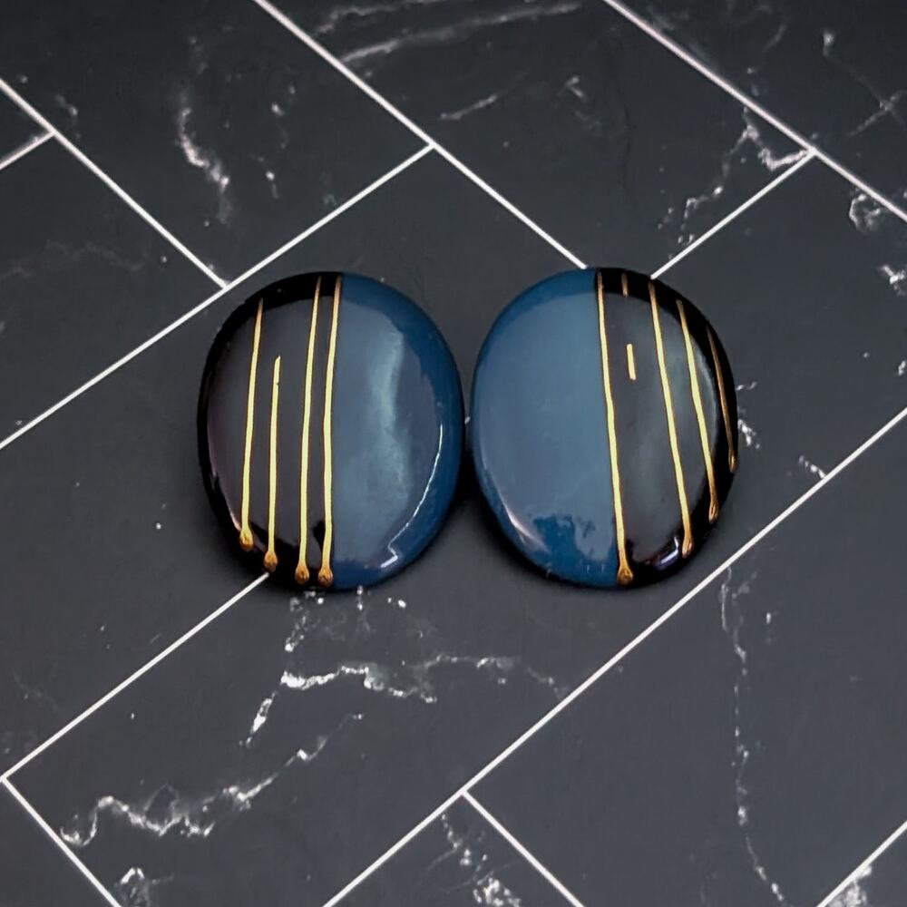 Vintage Stud Earrings Deep Blue, Black, Gold Tone Large Oval - One Bent Post